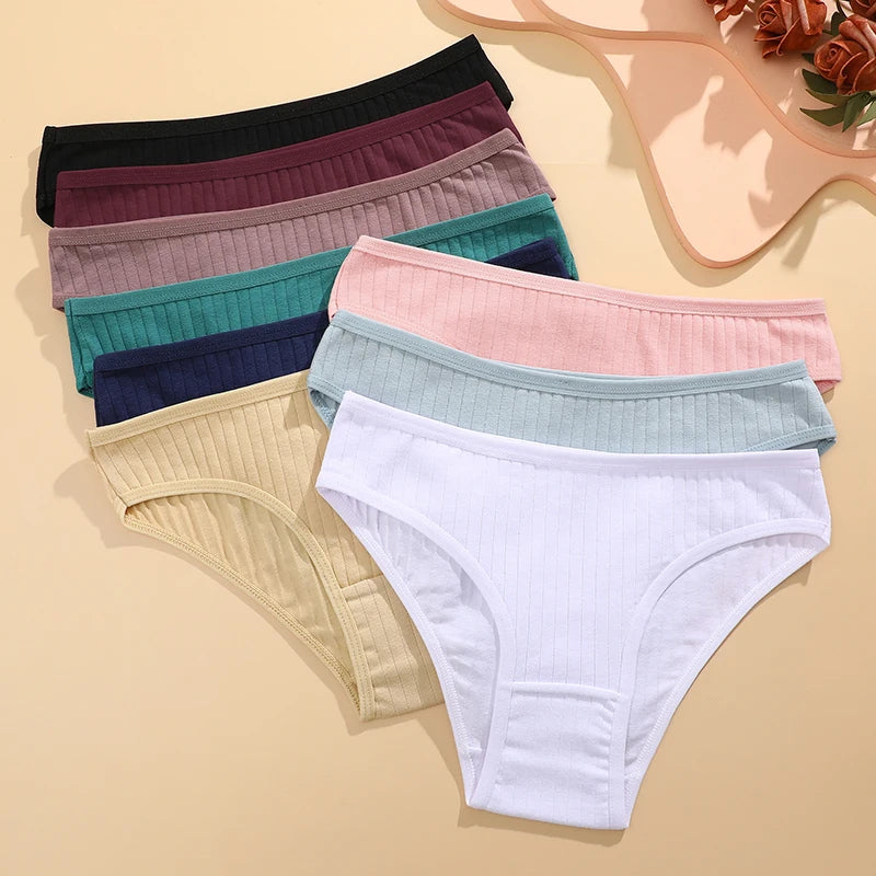 Set of six cotton women's underwear briefs from FINETOO, displayed in neutral colors on a flat surface.