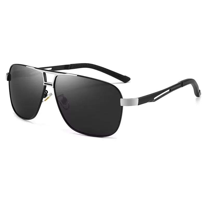 Square black polarized sunglasses for men by Corporación Turística, featuring a sleek silver frame and modern design.