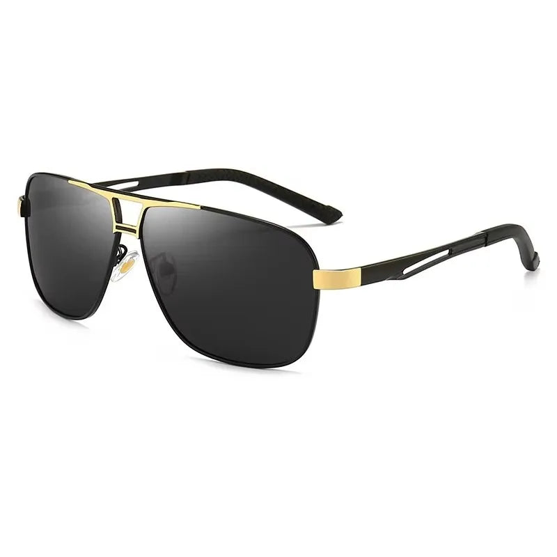 Polarized square sunglasses for men with silver and black frame, designed by Corporación Turística, shown on a white background.