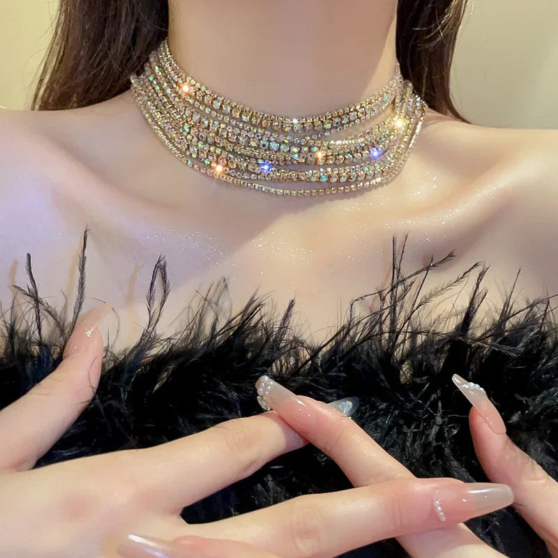 Colorful crystal luxury choker necklace by FYUAN, featuring vibrant glass stones on a sleek silver chain.
