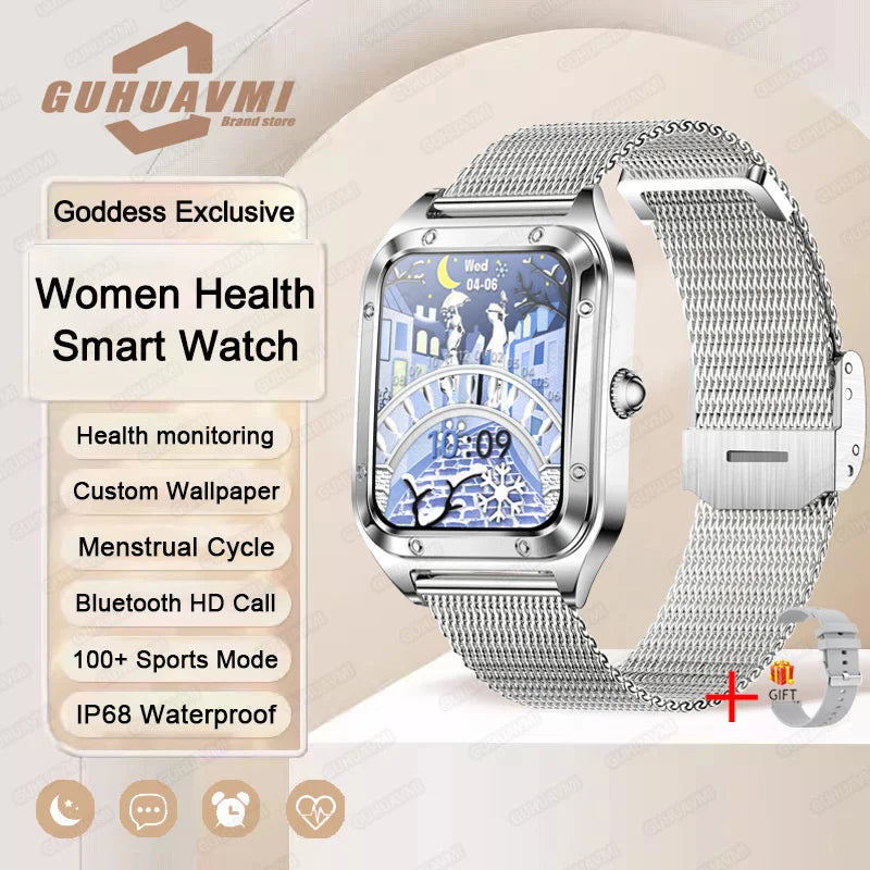 Silver women's smart watch 2026 with full touchscreen display, fitness tracking, and stylish design by Corporación Turística.