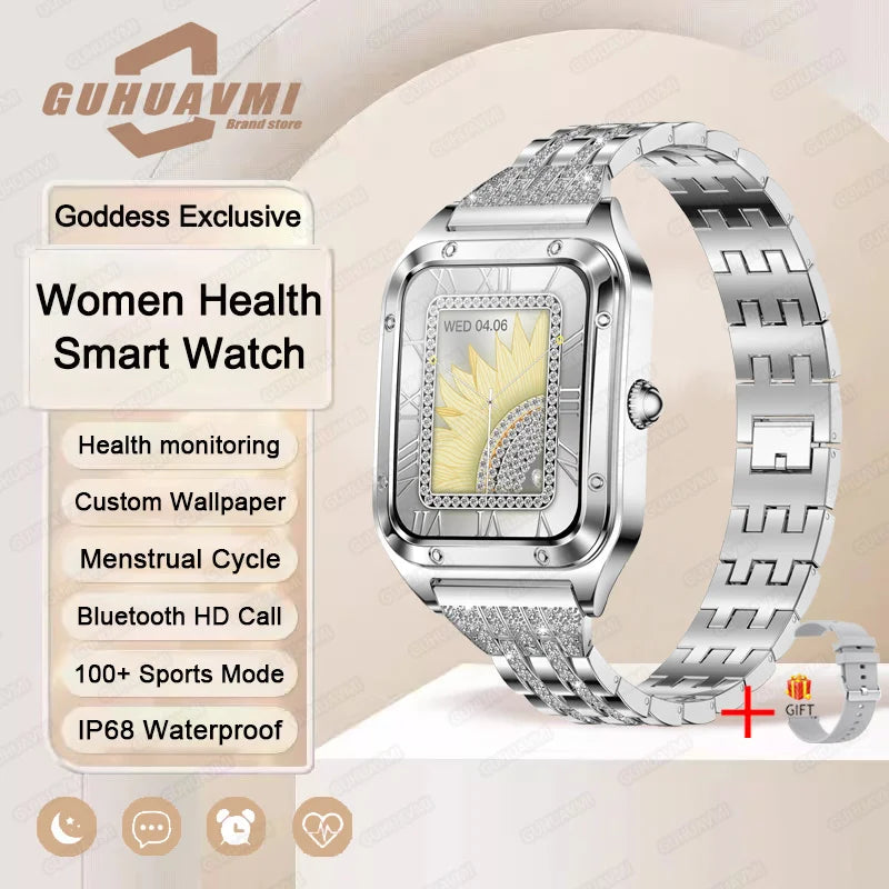 Silver women's smart watch with full touchscreen display by Corporación Turística, featuring modern design and digital interface.