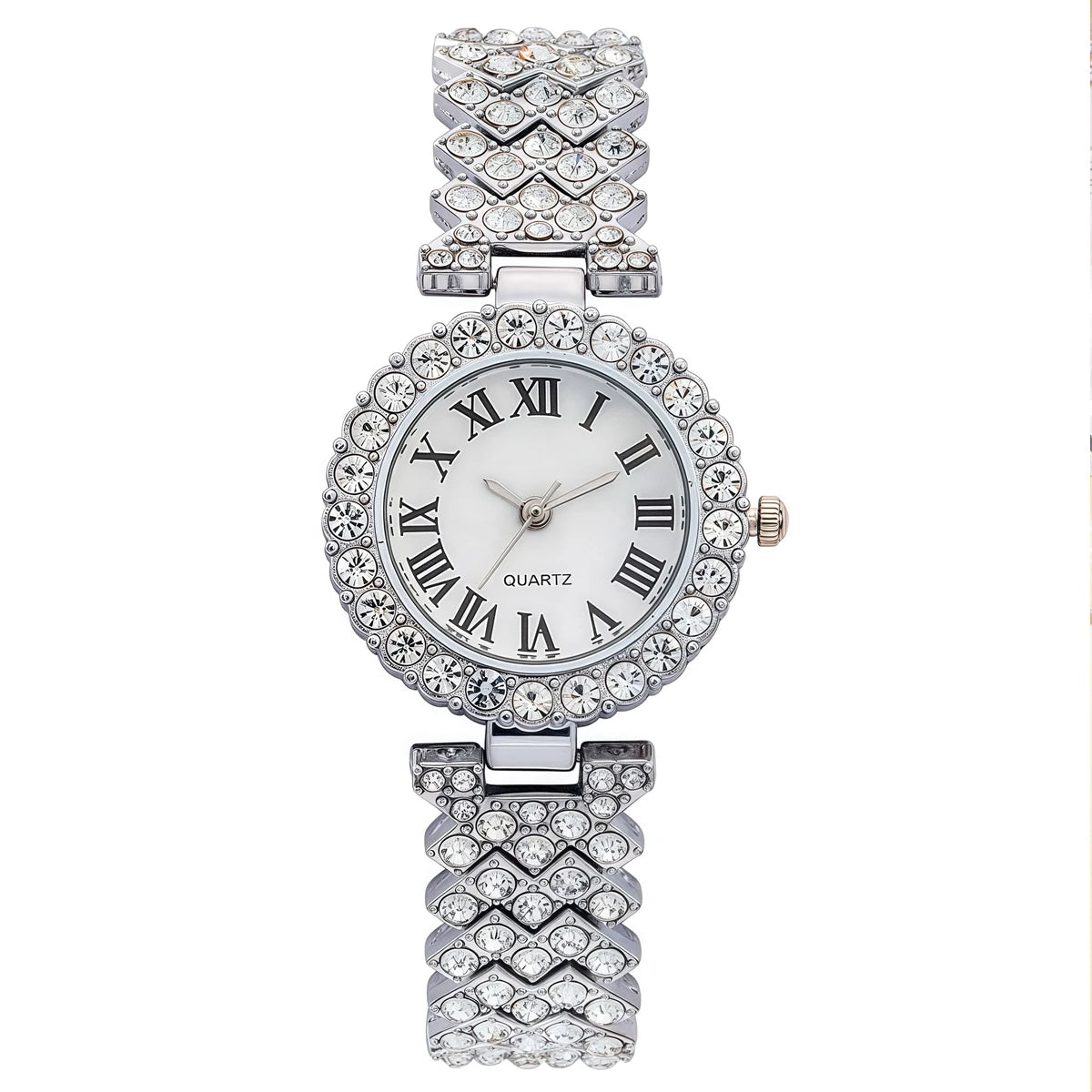 Silver women's watch with Roman numerals, featuring a sleek design and quartz movement by Corporación Turística.