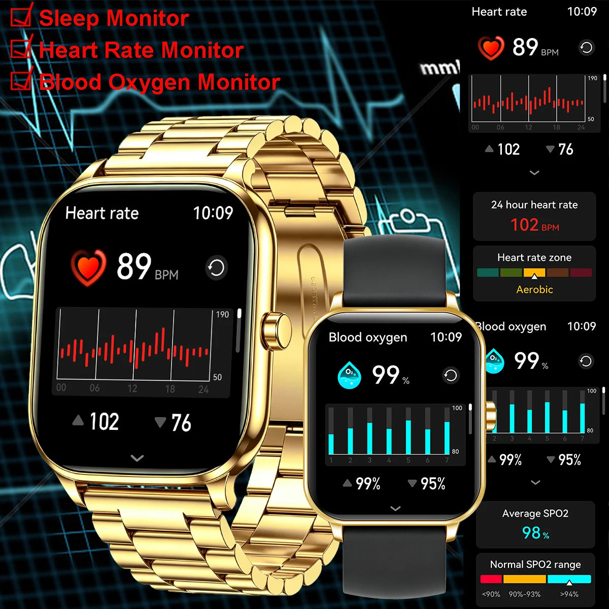 Golden men’s and women’s smart watch with a silver steel band, featuring a digital display and modern design from Corporación Turística.