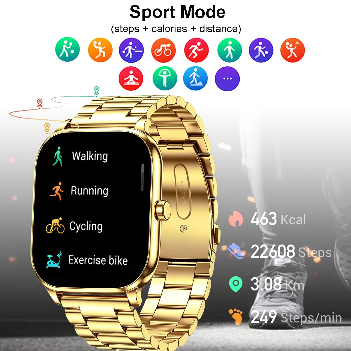 Golden men's and women's smart watch with a sleek steel band and digital display, ideal for both men and women.