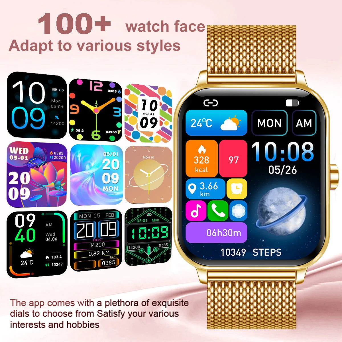 Golden men's and women's smart watch with a sleek silver steel band and digital display from Corporación Turística.