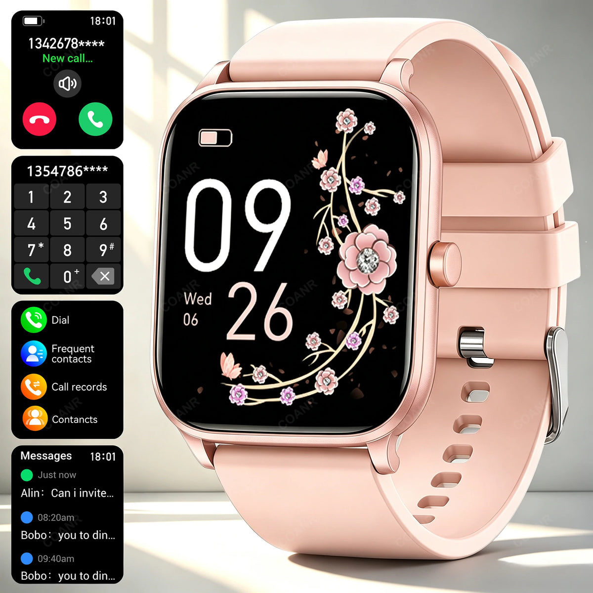 Golden men's and women's smart watch with silver steel band and touchscreen display, stylish wearable from Corporación Turística.
