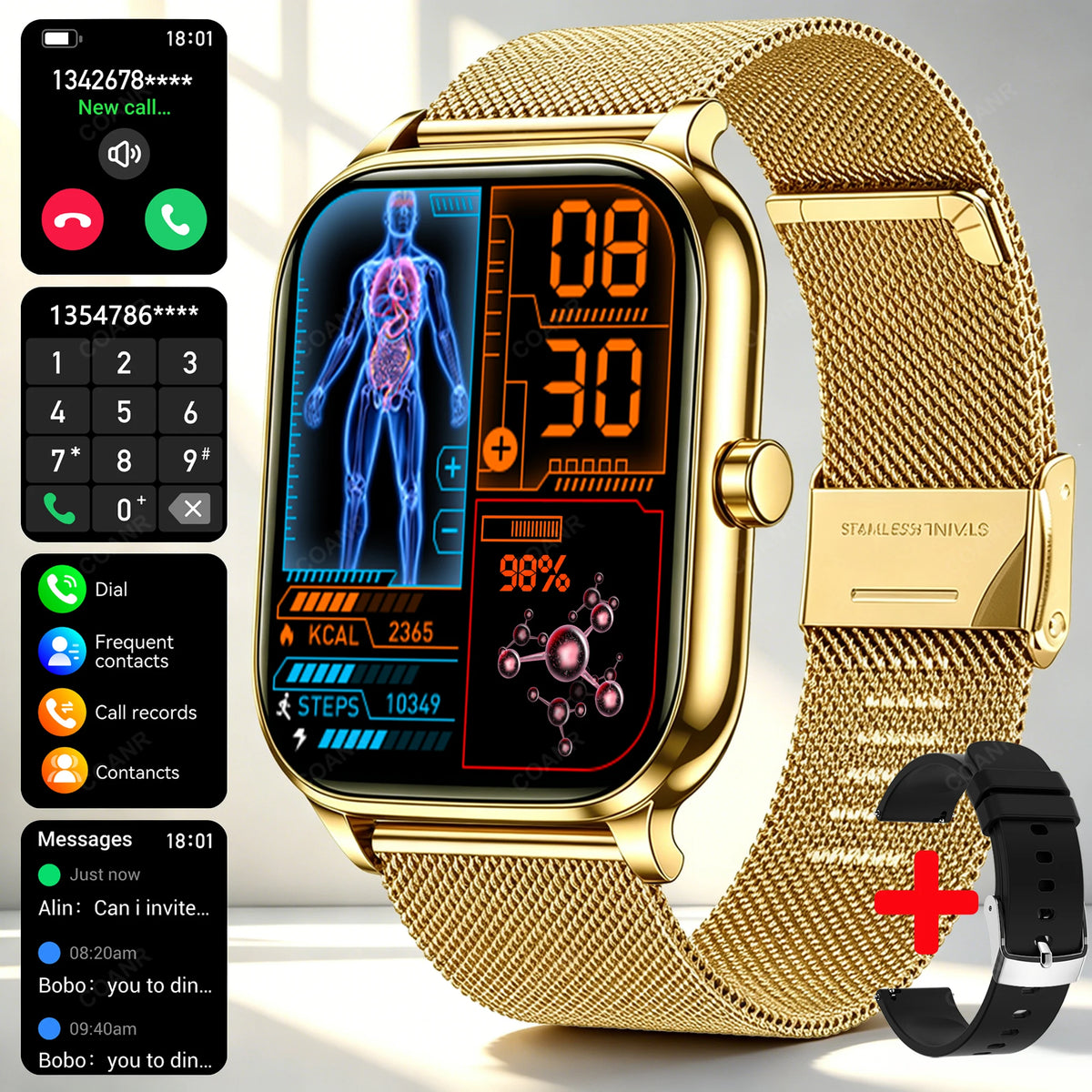Silver men's and women's smart watch by Corporación Turística with a sleek digital display and stainless steel band.