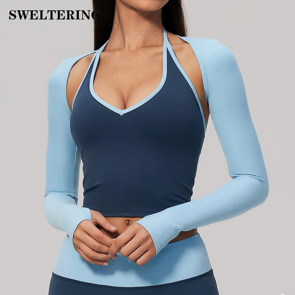Sky blue long-sleeve backless yoga t-shirt for women by Corporación Turística, lightweight and comfortable for active wear.