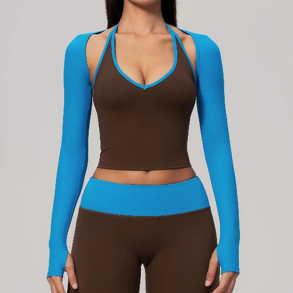 Sky blue women's long-sleeve backless yoga shirt by Corporación Turística, lightweight and stretchy for active wear.