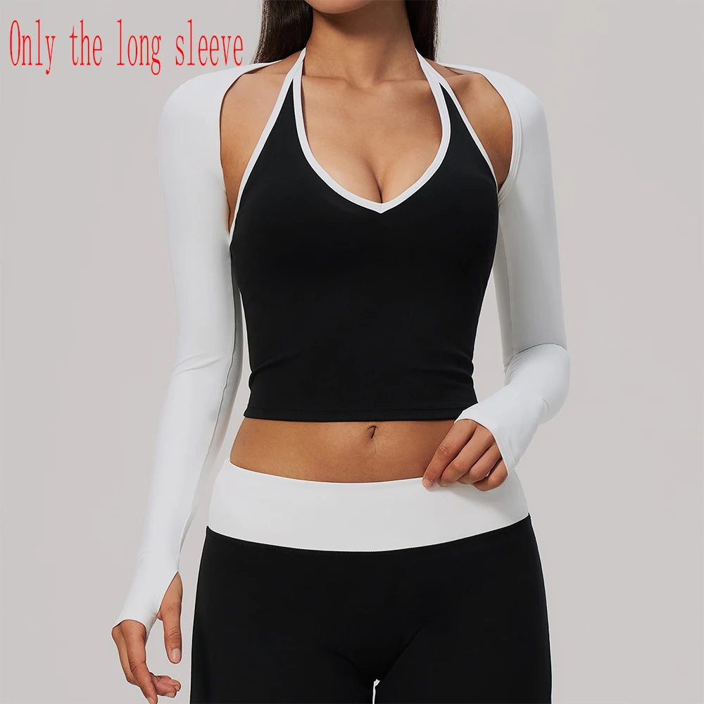 Sky blue long-sleeve backless yoga t-shirt for women by Corporación Turística, made from comfortable stretchy fabric.