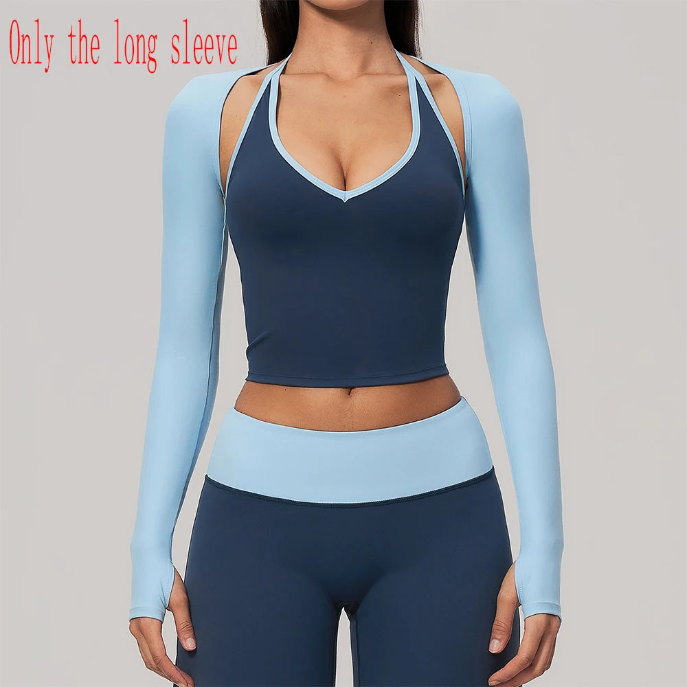 Sky blue long-sleeve backless yoga t-shirt for women, made by Corporación Turística, shown flat with front view.