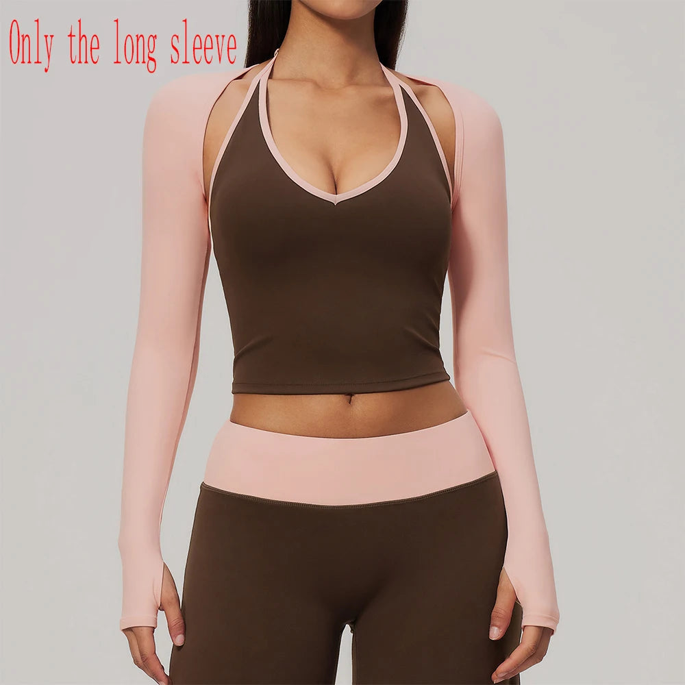 Sky blue women's long-sleeve backless yoga t-shirt from Corporación Turística, lightweight and comfortable for active wear.