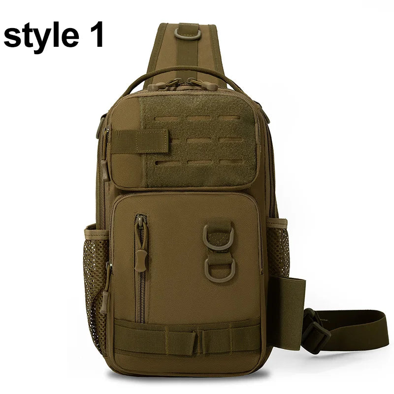 Black tactical chest bag for camping and climbing, made by Corporación Turística, with multiple compartments and adjustable straps.