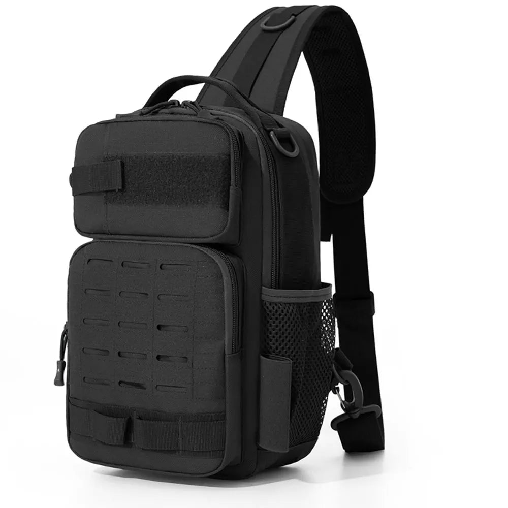 Black tactical chest bag by Corporación Turística, ideal for camping and climbing, featuring multiple compartments and durable design.