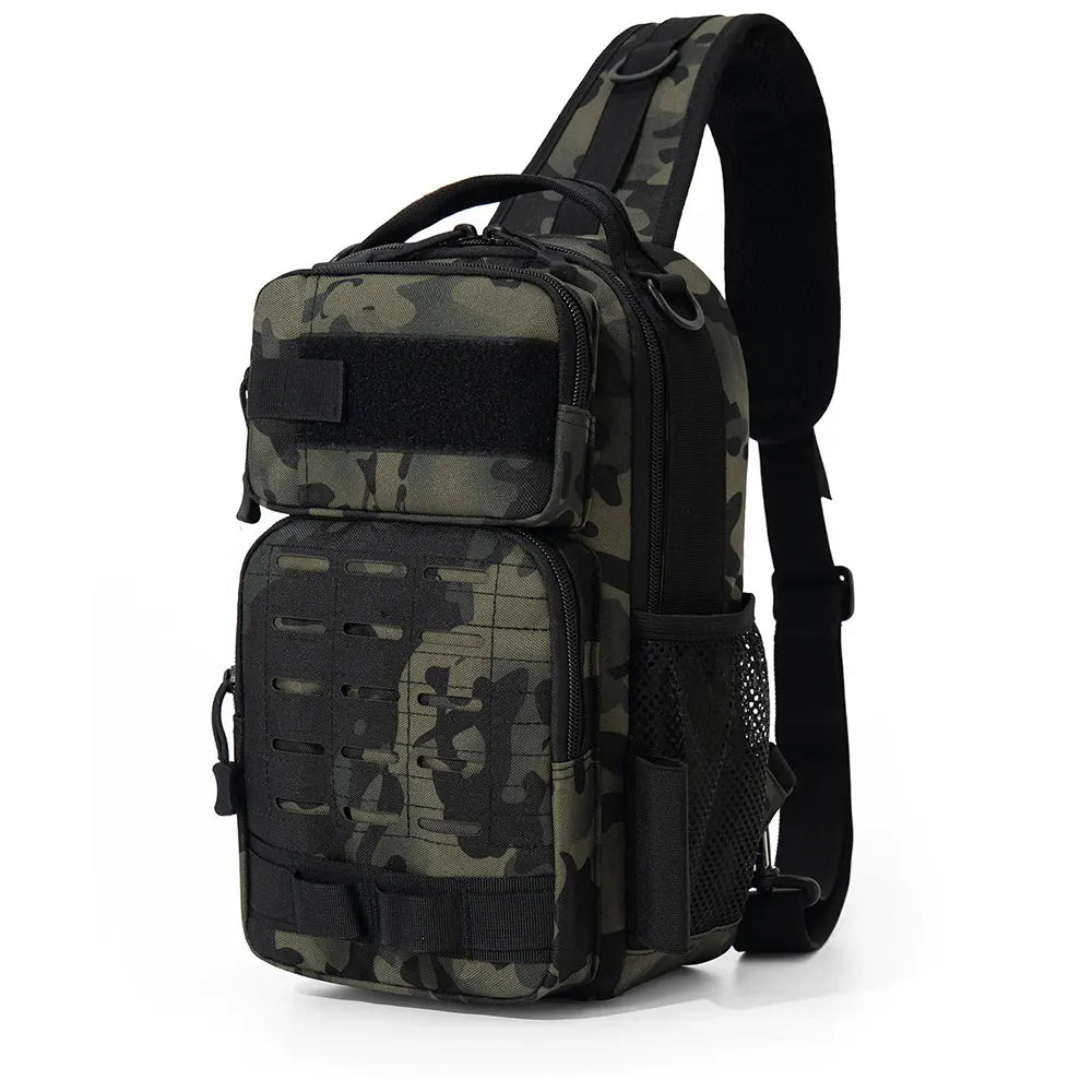 Black tactical chest bag from Corporación Turística, ideal for camping and climbing, featuring multiple compartments and durable design.