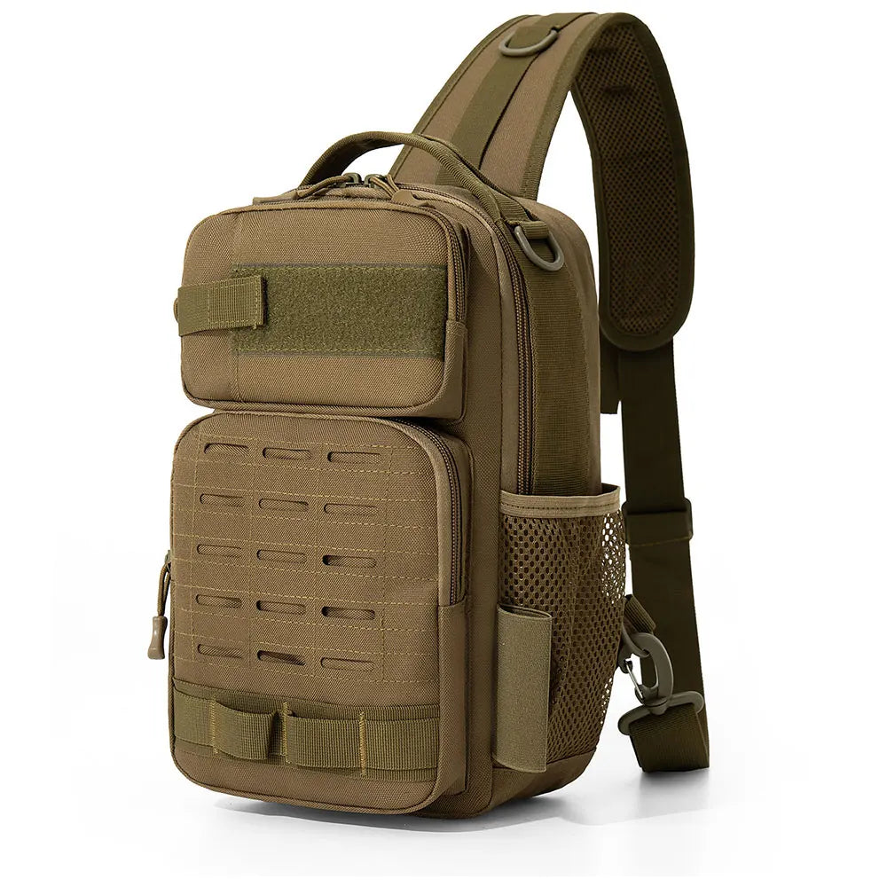 Black tactical chest bag by Corporación Turística, ideal for camping and climbing, with multiple compartments and adjustable straps.