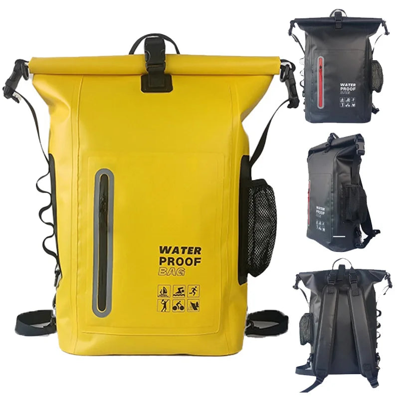 Green waterproof kayak dry bag backpack by Corporación Turística, designed for secure, dry storage during water navigation.