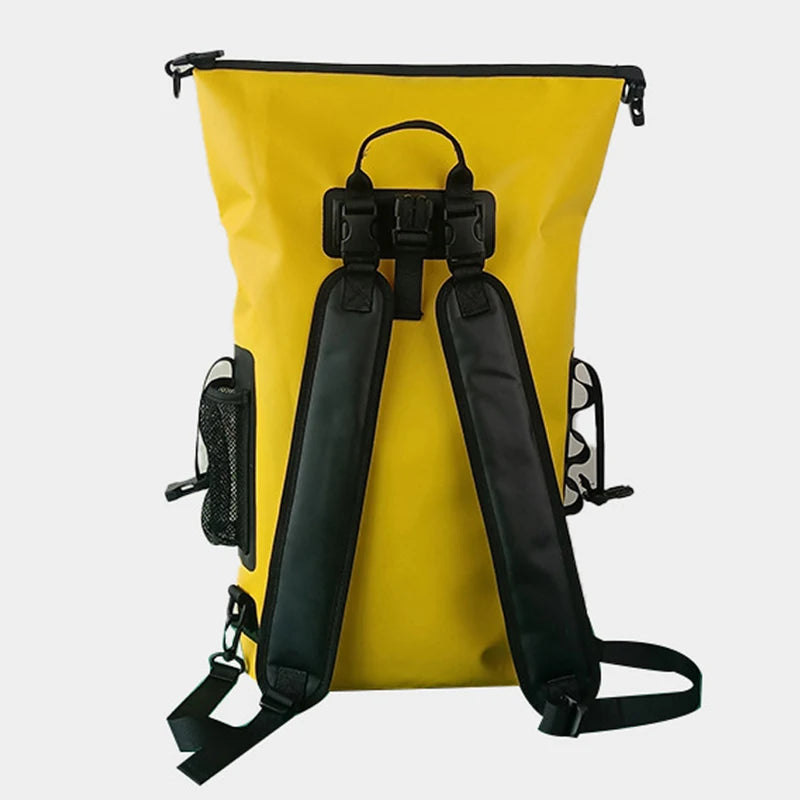 Green waterproof kayak bag and dry backpack for navigation, designed by Corporación Turística, suitable for water sports and outdoor adventures.