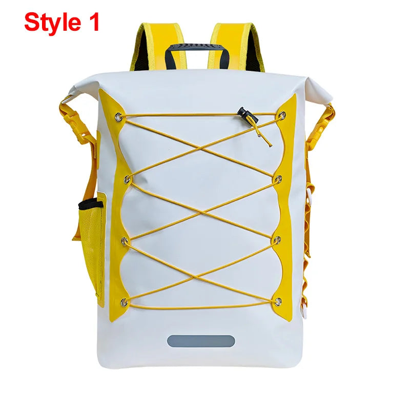 Green waterproof kayak bag and dry backpack for navigation, ideal for kayaking and water activities.