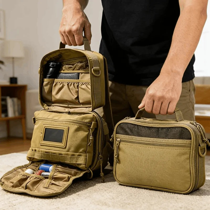 Tactical men's toiletry bag in khaki by Corporación Turística, waterproof organizer with multiple compartments for travel and grooming.