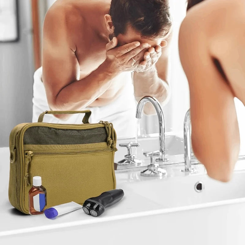 Tactical men's toiletry bag in khaki, organized bathroom organizer by Corporación Turística, with multiple compartments and sturdy design.