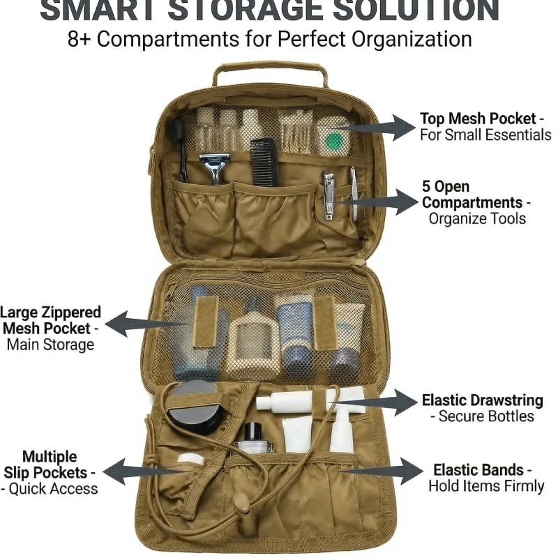 Tactical men's toiletry bag in khaki, organized bathroom accessories, durable travel organizer by Corporación Turística.