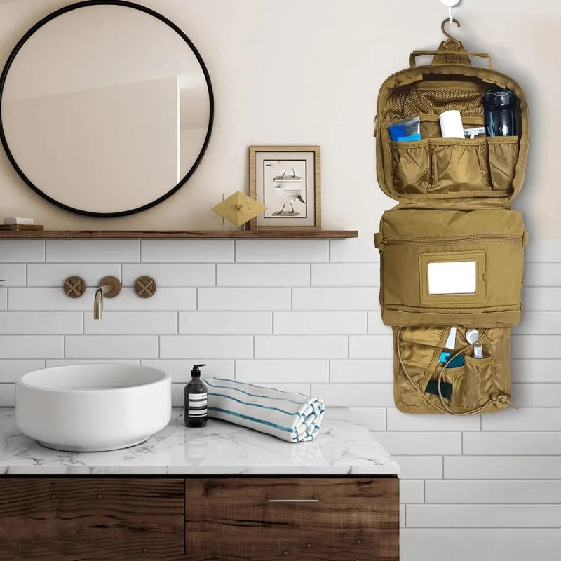 Tactical men's toiletry bag by Corporación Turística, khaki travel organizer with multiple compartments for bathroom essentials.