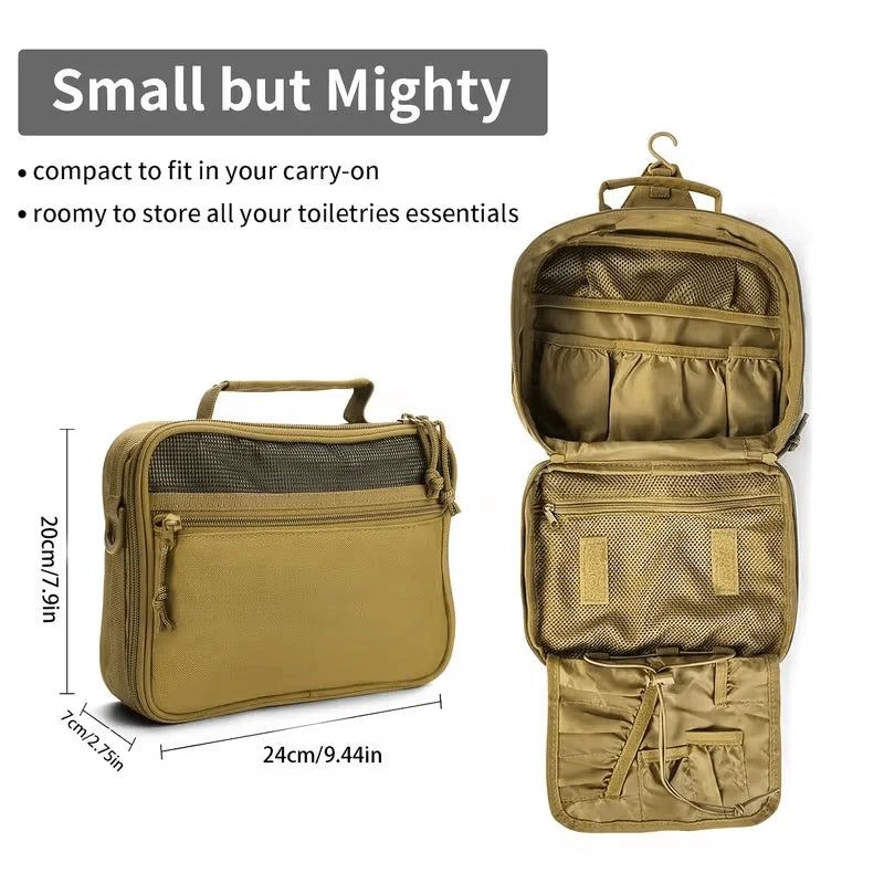 Tactical men's toiletry bag by Corporación Turística, khaki organizer for bathroom essentials and travel storage.