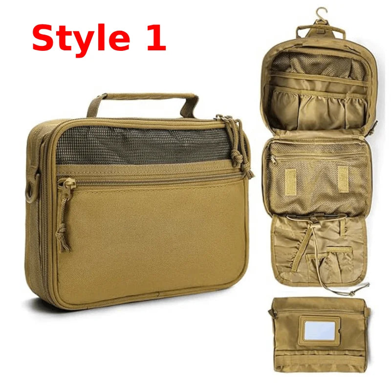Tactical men's toiletry bag by Corporación Turística, khaki organizer for bathroom essentials, compact and durable design.