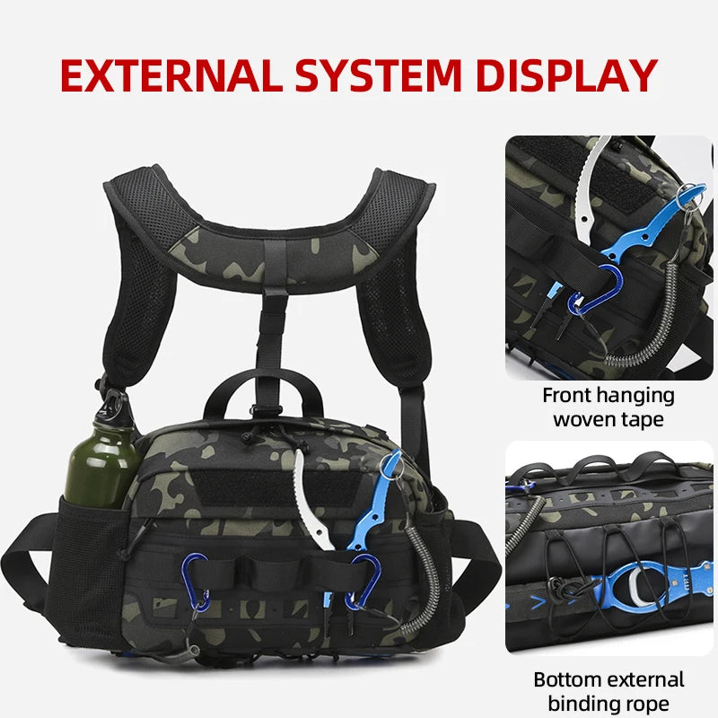 Men's khaki hiking vest with built-in backpack and chest pocket, designed for outdoor trekking by Corporación Turística.