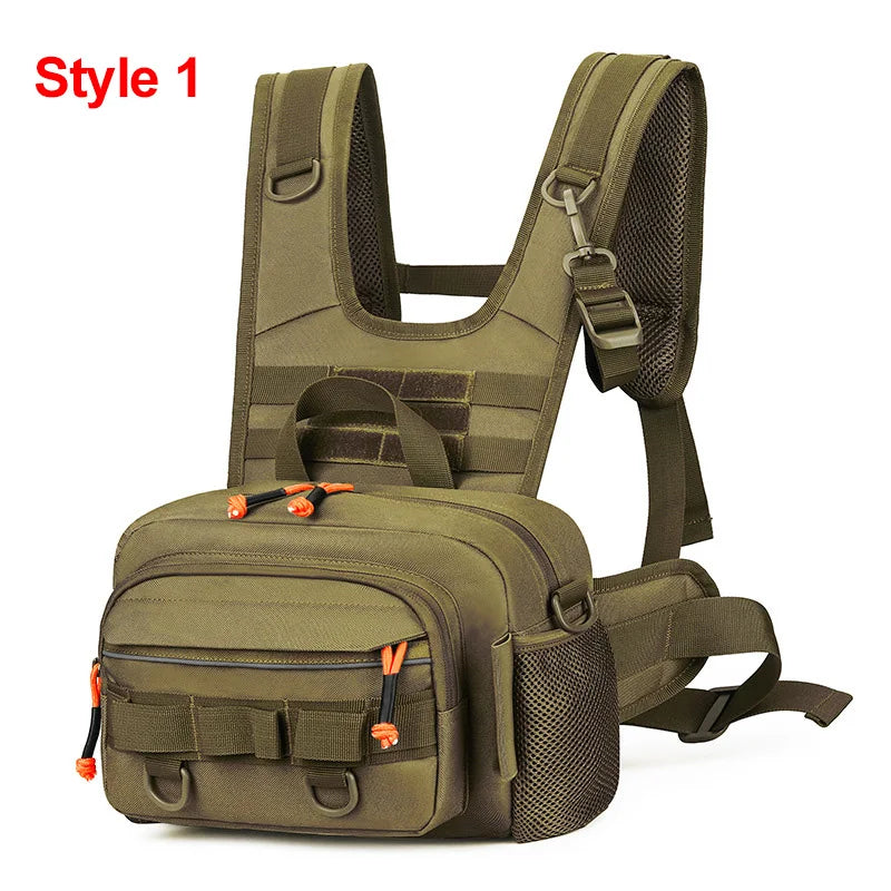 Men's hiking vest with built-in backpack and chest pocket, khaki color, by Corporación Turística, designed for outdoor adventures.