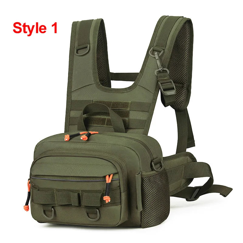 Men's hiking vest with front backpack and chest pocket from Corporación Turística, in khaki, designed for outdoor adventure.