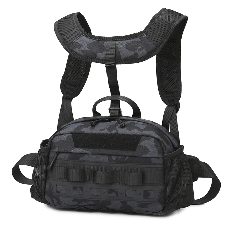 Men's hiking vest by Corporación Turística with built-in backpack and chest pocket in khaki, designed for outdoor adventures.