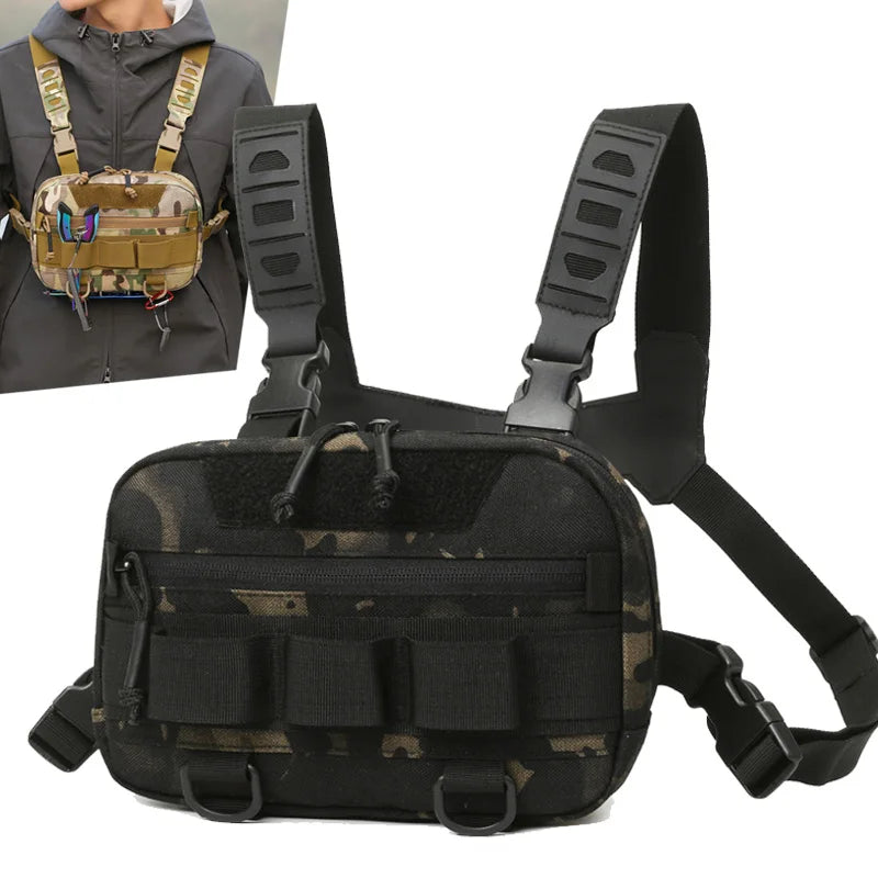 Khaki tactical chest pack backpack with multiple compartments and adjustable straps, designed for outdoor reconnaissance and hiking.