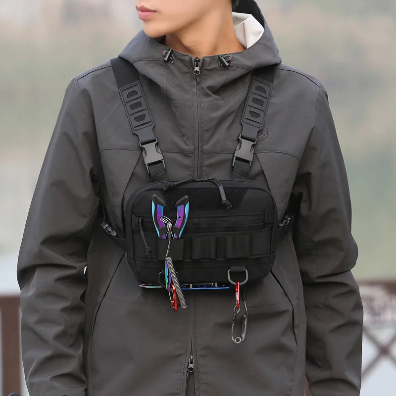 Khaki tactical chest pack backpack from Corporación Turística with adjustable straps and multiple compartments for outdoor gear.