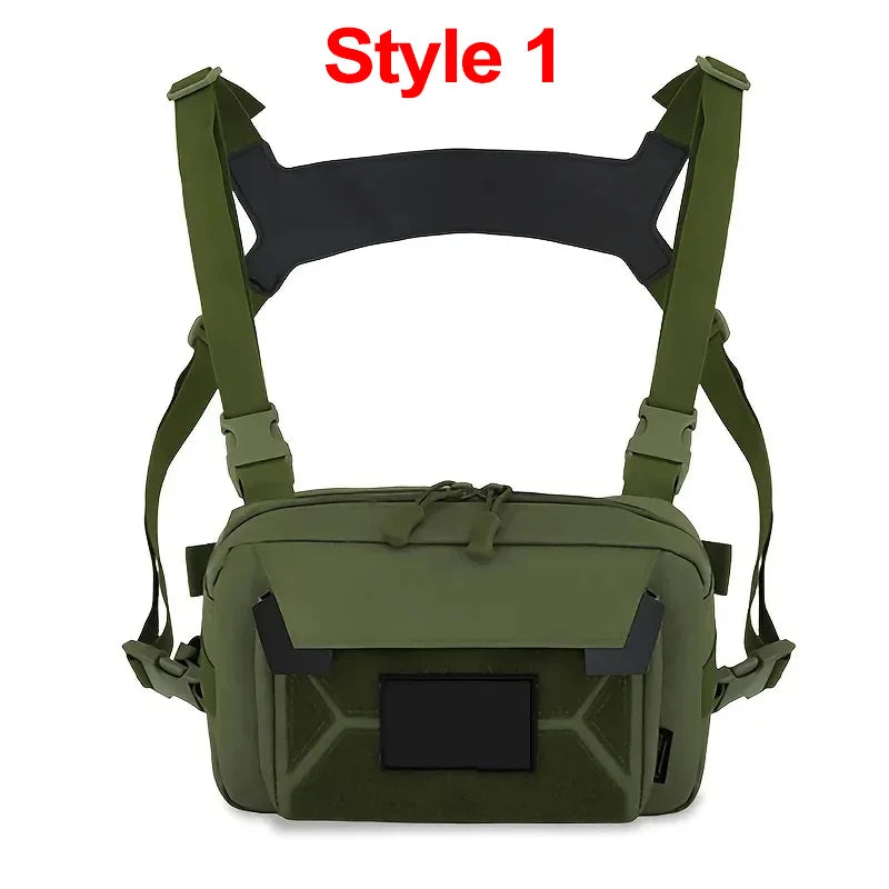 Khaki tactical chest rig backpack with adjustable straps and multiple compartments for outdoor reconnaissance by Corporación Turística