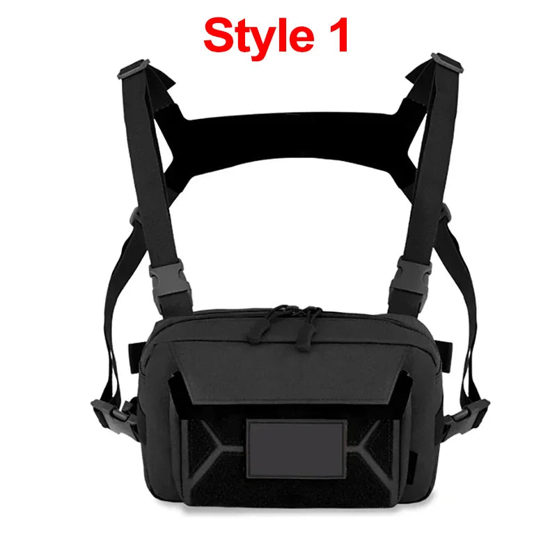 Khaki tactical chest rig backpack by Corporación Turística with adjustable straps and multiple compartments for outdoor gear.