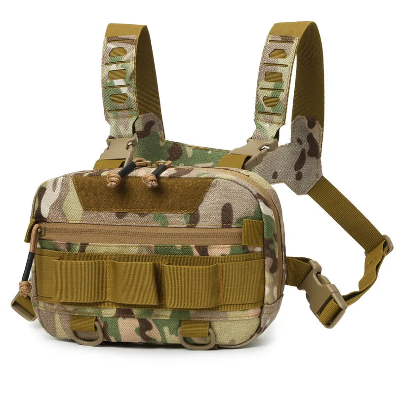 Khaki tactical backpack with chest rig from Corporación Turística, featuring multiple compartments and adjustable straps for outdoor use.