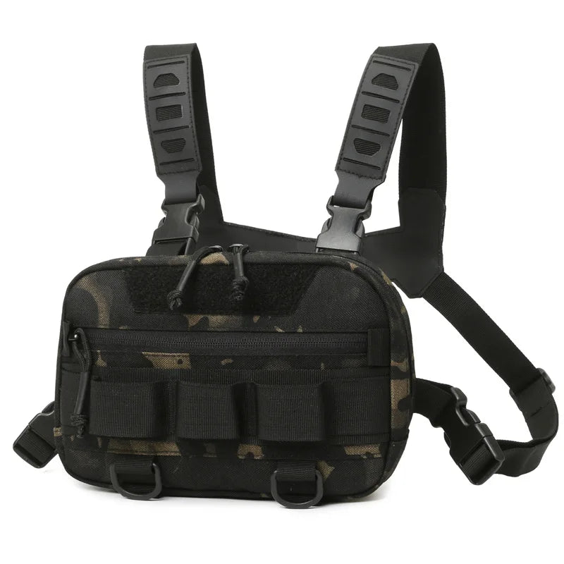 Khaki tactical chest pack backpack with adjustable straps, designed for outdoor recognition and trekking activities by Corporación Turística.