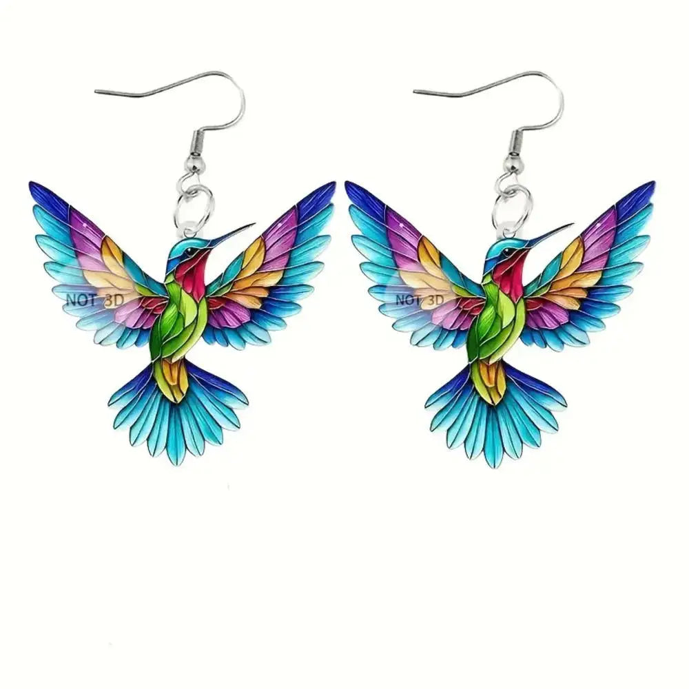 Acrylic hummingbird earrings with colorful, detailed bird-shaped design, perfect for a stylish and vibrant accessory.
