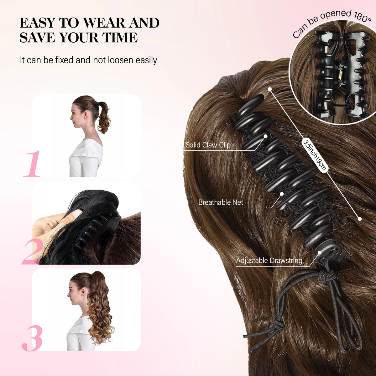 Wavy hair ponytail extension with claw clip from Corporación Turística, 12 inches long, in natural brown color.