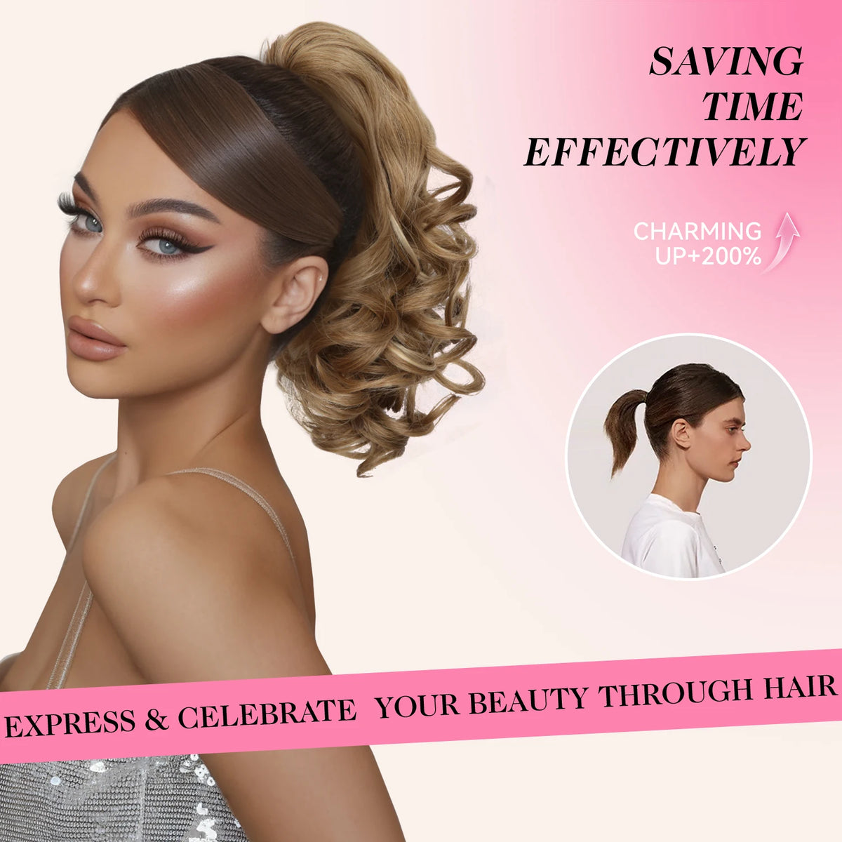 Wavy blonde hair ponytail extension with claw clip, made by Corporación Turística, 12 inches long for easy styling.