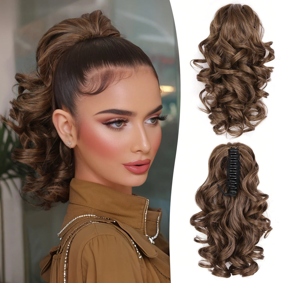 Wavy hair ponytail extension with claw clip from Corporación Turística, 12 inches long, natural hair color, easy to wear.