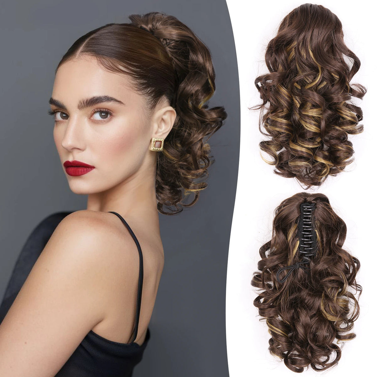 Curly blonde hair ponytail extension with claw clip from Corporación Turística, 12 inches long, natural wavy style.