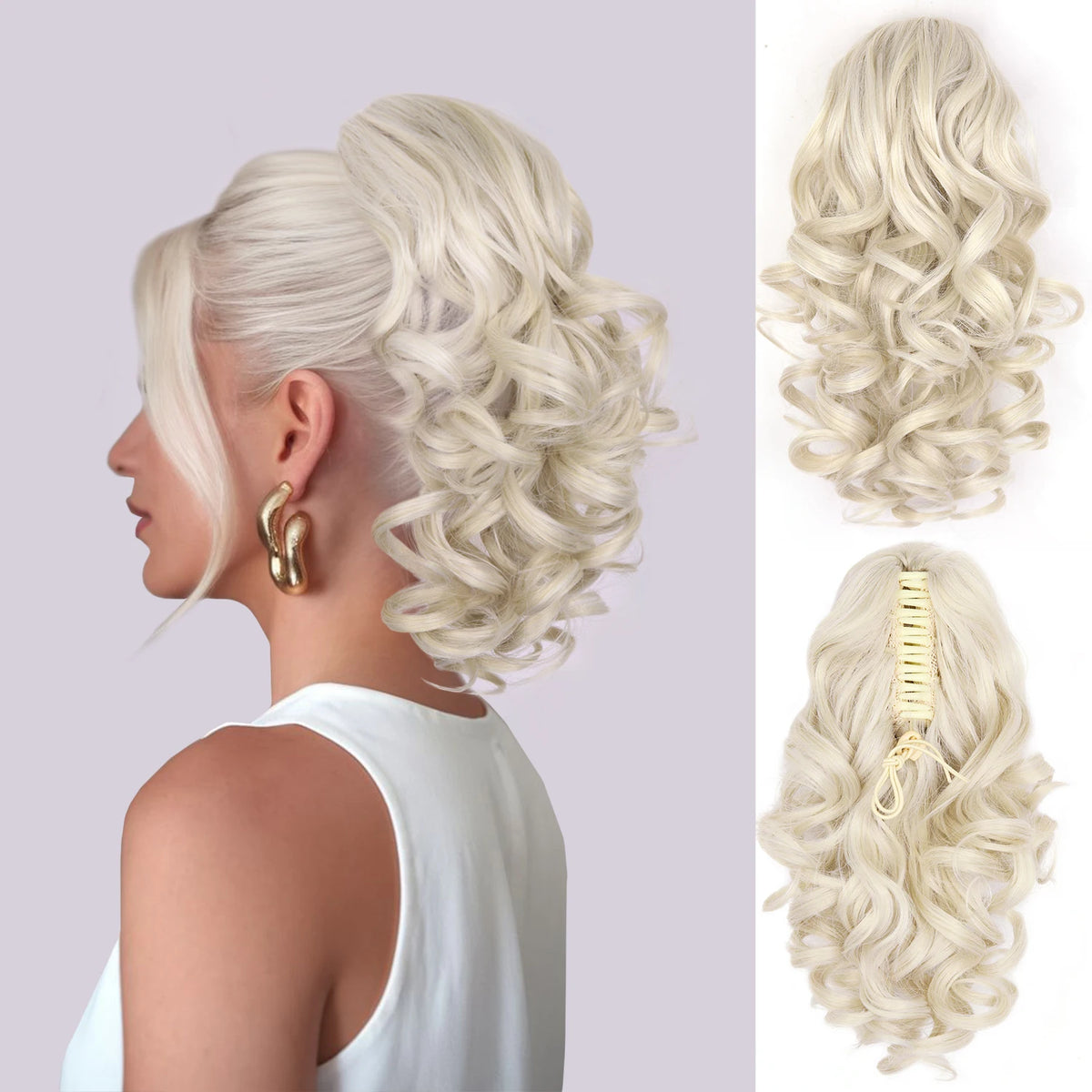 Wavy blonde hair ponytail extension with claw clip from Corporación Turística, 12 inches long, styled in loose waves.
