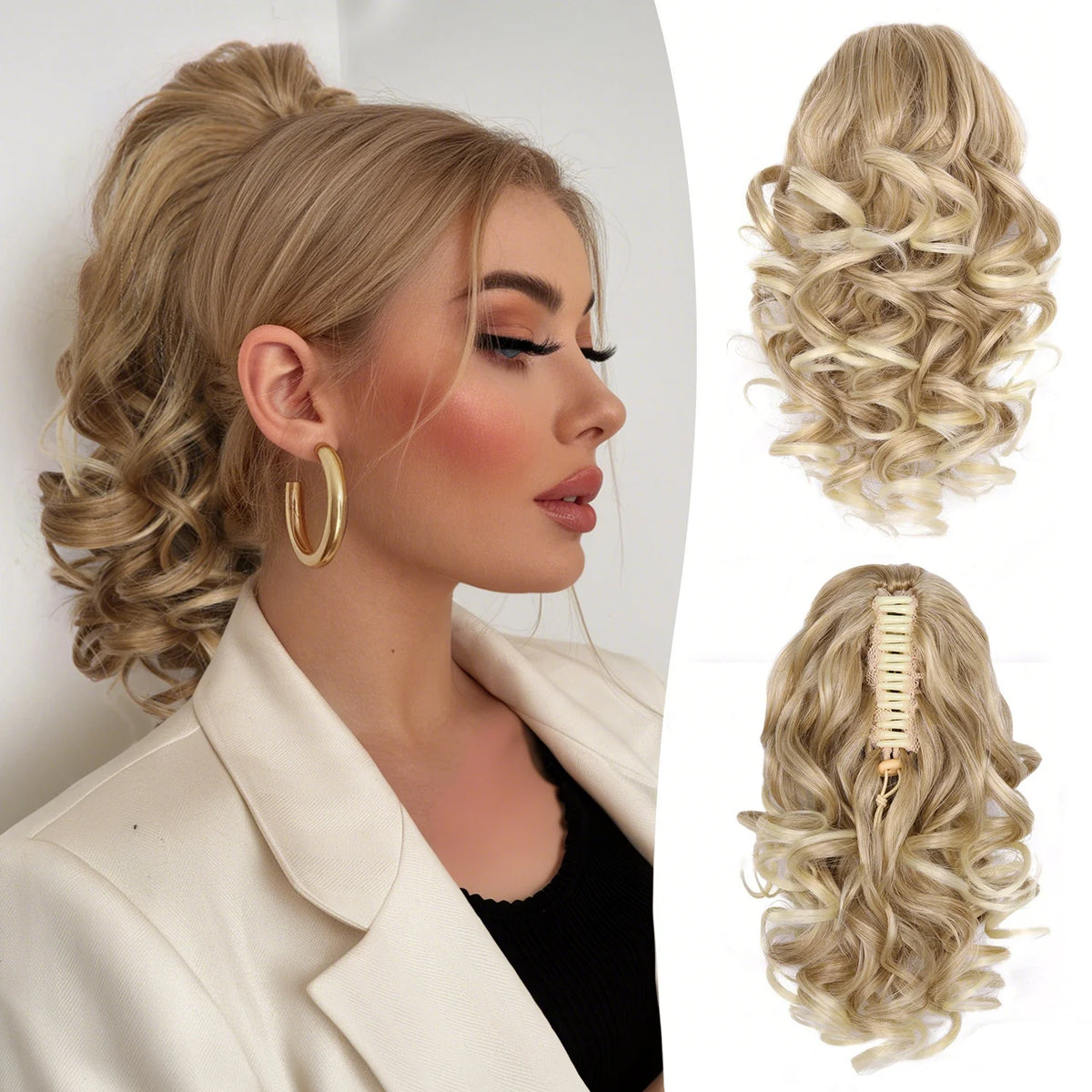 Wavy hair extension ponytail with claw clip by Corporación Turística, 12 inches long, in natural brown color.