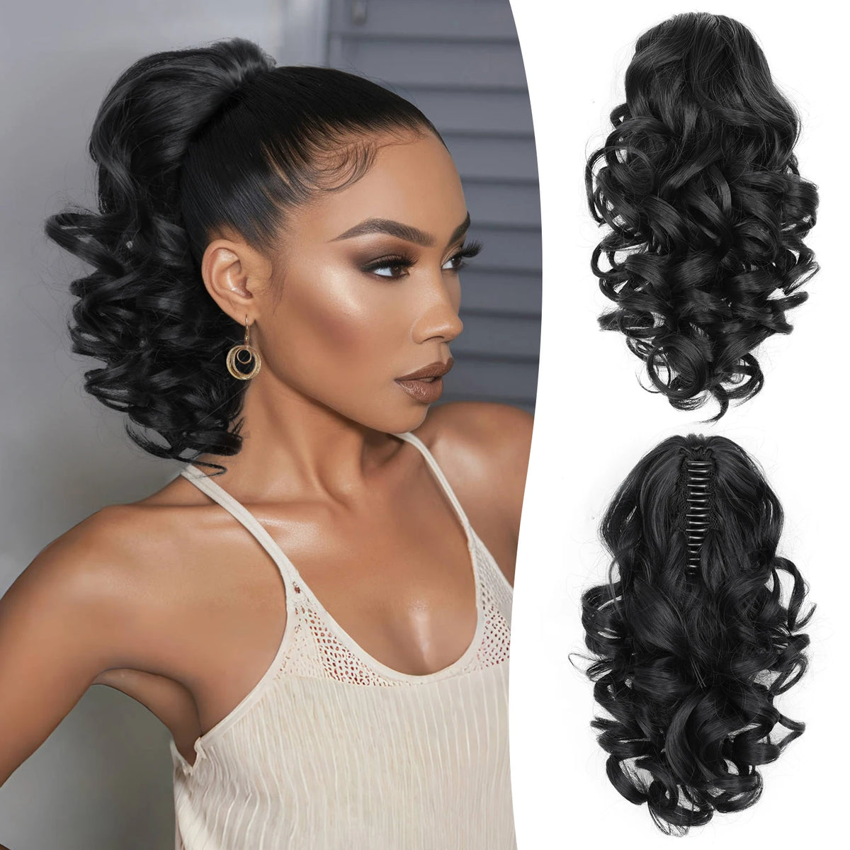 Wavy hair ponytail extensions with claw clip from Corporación Turística, 12-inch length, natural brown color.