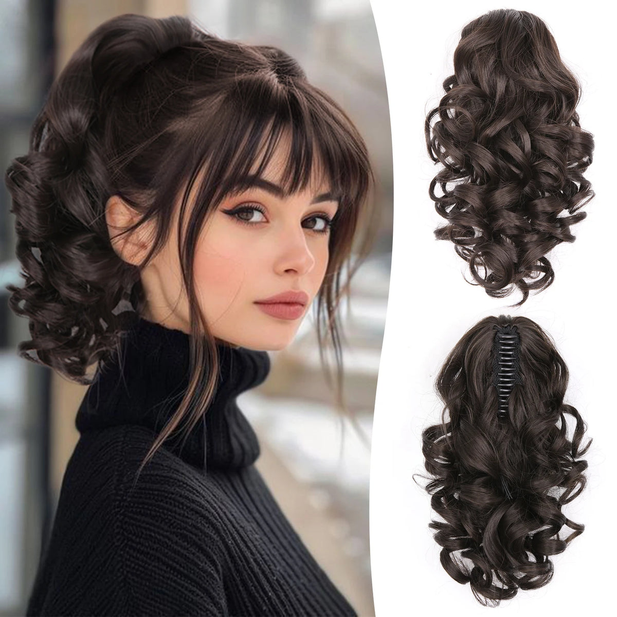 Wavy hair extension ponytail with claw clip from Corporación Turística, 12-inch length, natural brown color, styled for easy wear.