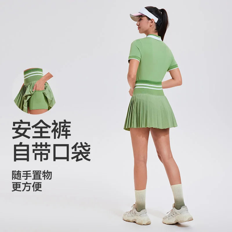 Red 2025 women's summer schoolgirl polo set by Corporación Turística, includes a fitted polo shirt and matching shorts.